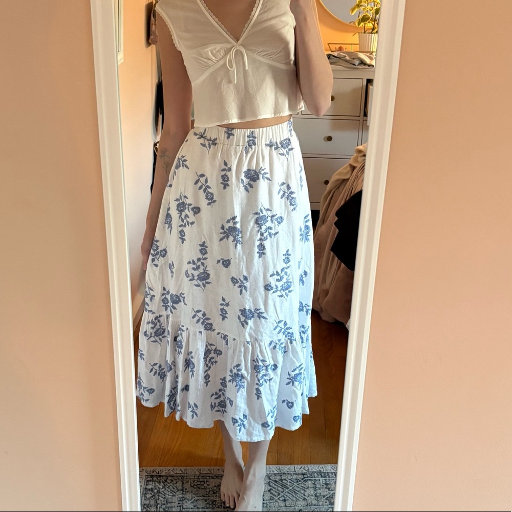 Abercrombie Linen Blend Floral Embroidered Maxi Skirt